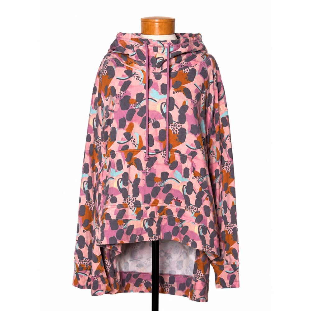 Peace Love World Abstract Camo Hoodie XL Pink High Low Funnel Neck Sweatshirt